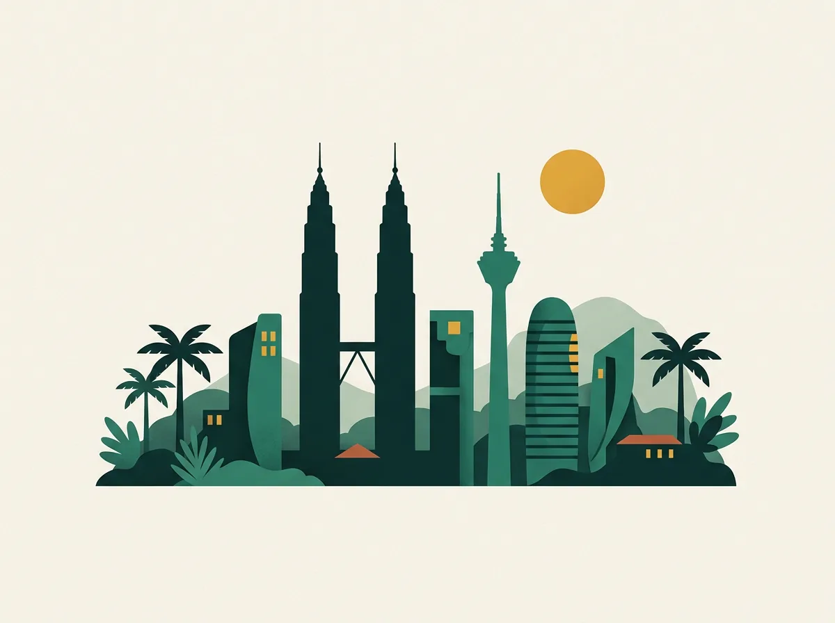 クアラルンプールのスカイラインのイラスト(ペトロナスツインタワー、KLタワー、熱帯の街並み)。